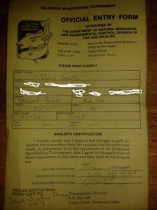 Certificate for the pending striped bass record in Delaware Certificate for the pending striped bass record in Delaware