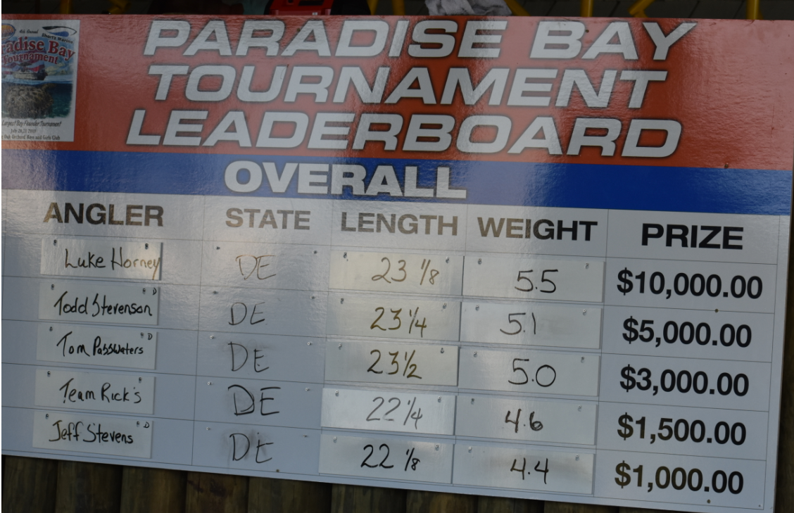 Leaderboard for the Paradise Bay Flounder Tournament delawaresurf
